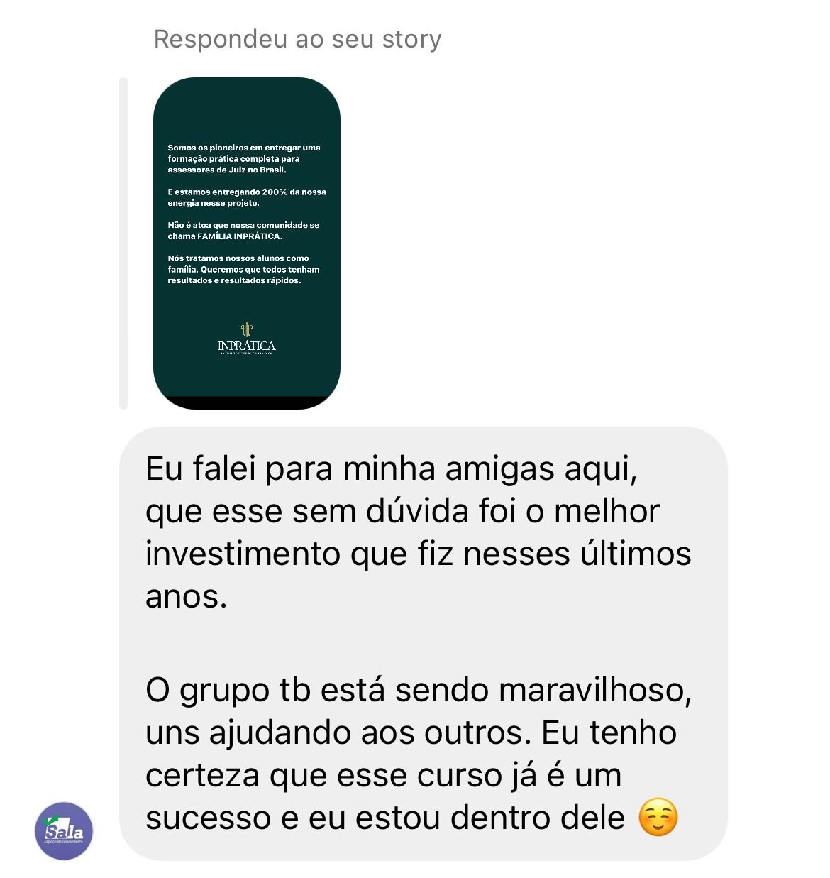 Print de depoimento de aluno da Formação Inprática