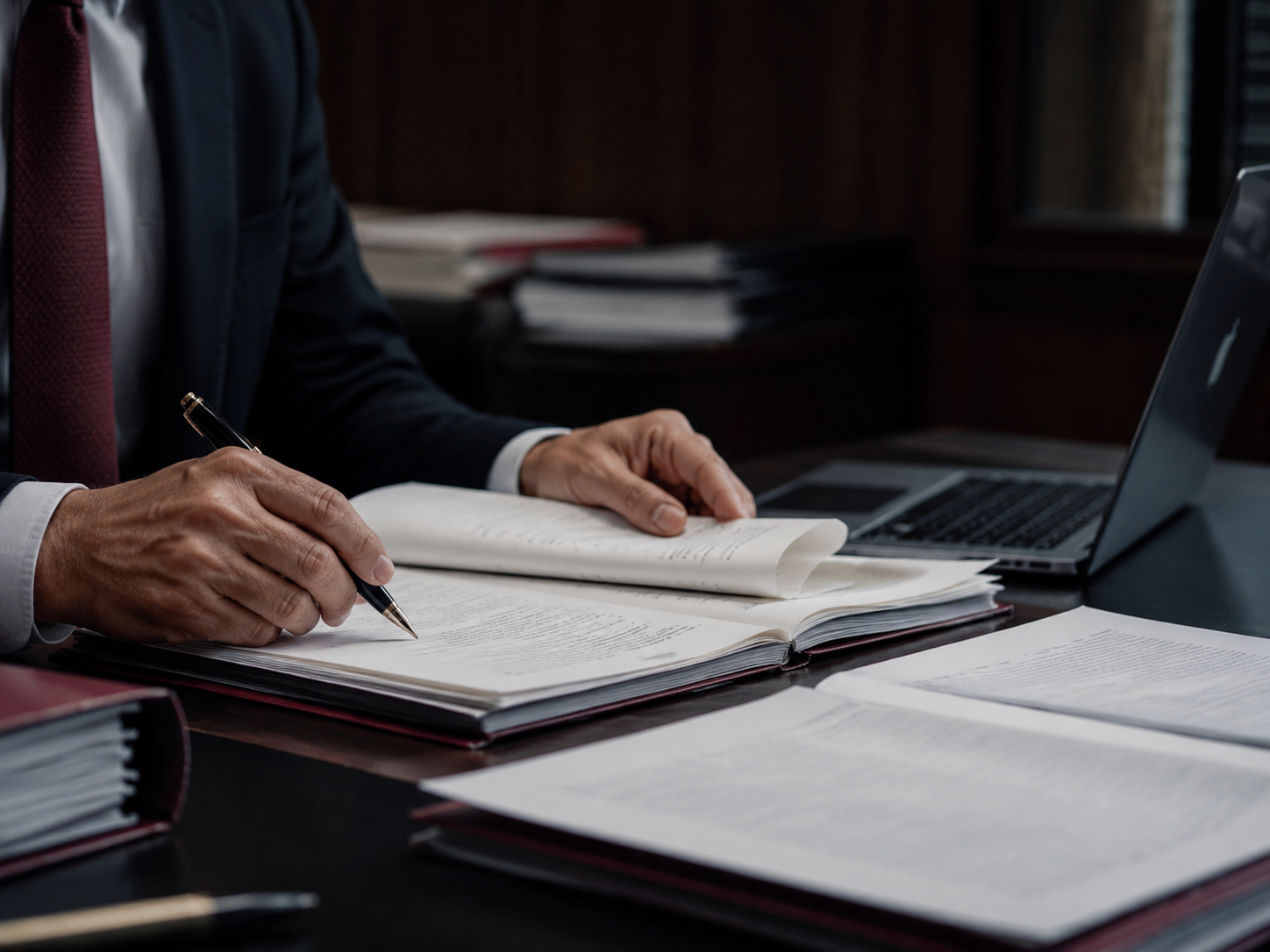 Advogado revisando processos e autos sobre a mesa de um gabinete jurídico