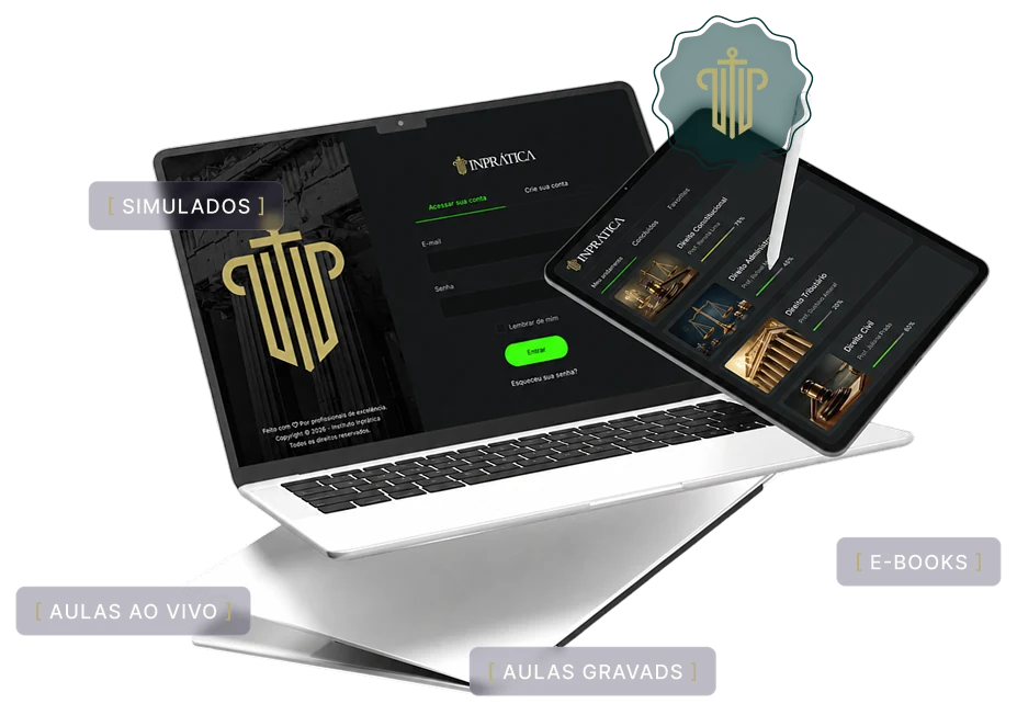 Plataforma Inprática aberta em laptop e tablet, com aulas, simulados e materiais